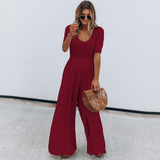 Round Neck Fashion Jumpsuits-One Piece Suits-Wine Red-S-Free Shipping Leatheretro