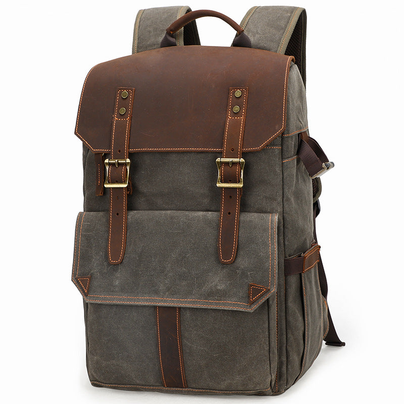 Large Storage SLR Camera Leather Canvas Backpack K001-Leather Canvas Backpack-Khaki-Free Shipping Leatheretro