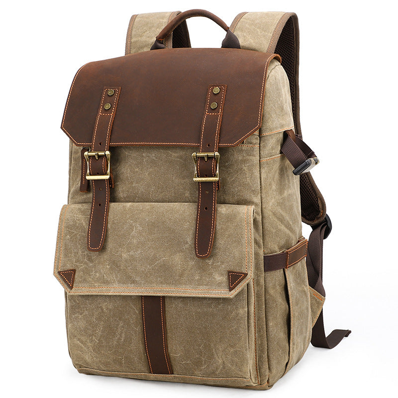 Large Storage SLR Camera Leather Canvas Backpack K001-Leather Canvas Backpack-Khaki-Free Shipping Leatheretro