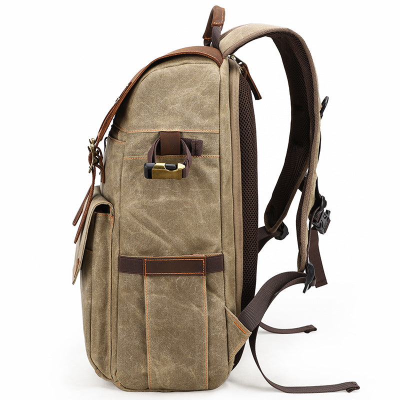 Large Storage SLR Camera Leather Canvas Backpack K001-Leather Canvas Backpack-Khaki-Free Shipping Leatheretro