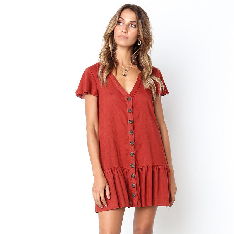 Summer Short Sleeves Women Short Daily Dresses-Dresses-Brick Red-S-Free Shipping Leatheretro