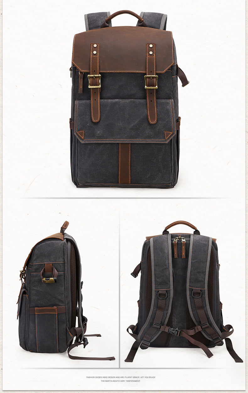 Large Storage SLR Camera Leather Canvas Backpack K001-Leather Canvas Backpack-Khaki-Free Shipping Leatheretro