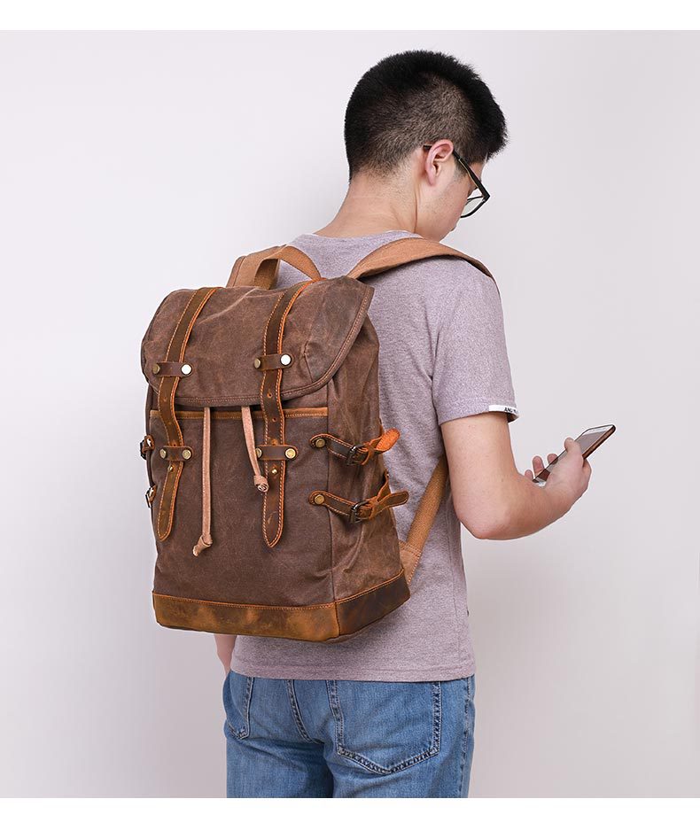 Men Outdoor Hiking Leather Canvas Backpack CT0015-Leather Canvas Backpack-Coffee-Free Shipping Leatheretro