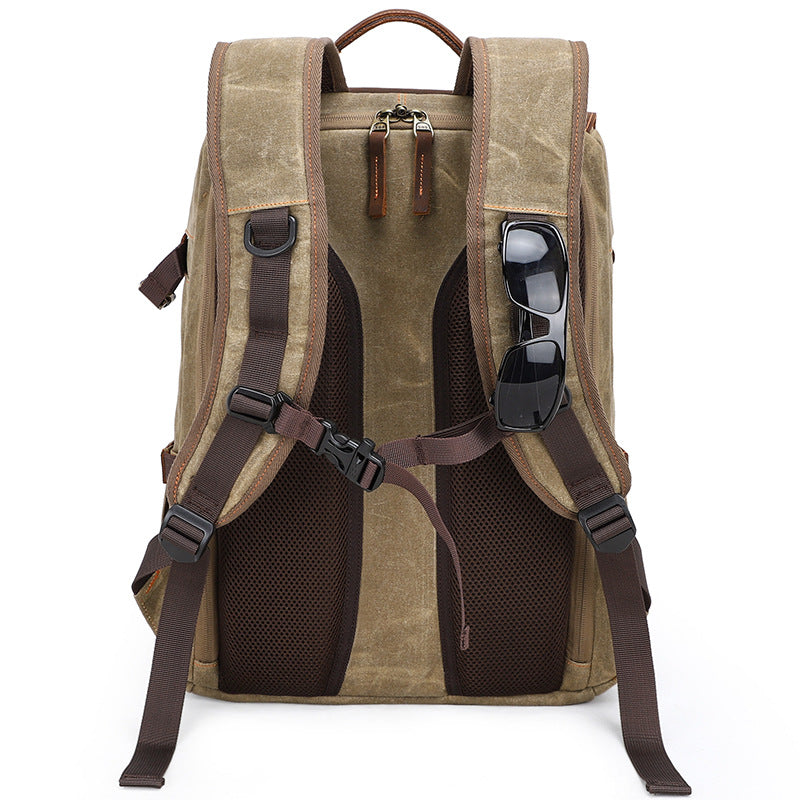 Large Storage SLR Camera Leather Canvas Backpack K001-Leather Canvas Backpack-Khaki-Free Shipping Leatheretro