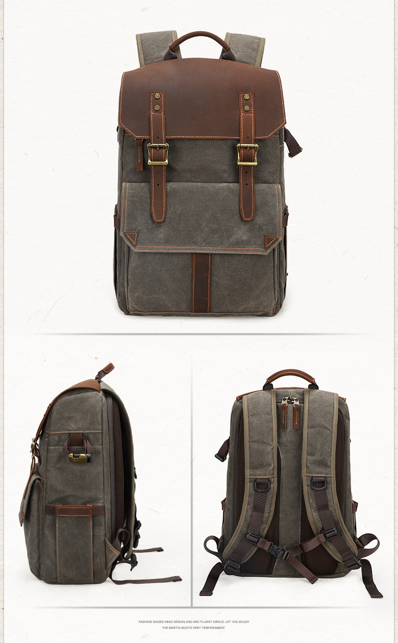 Large Storage SLR Camera Leather Canvas Backpack K001-Leather Canvas Backpack-Khaki-Free Shipping Leatheretro