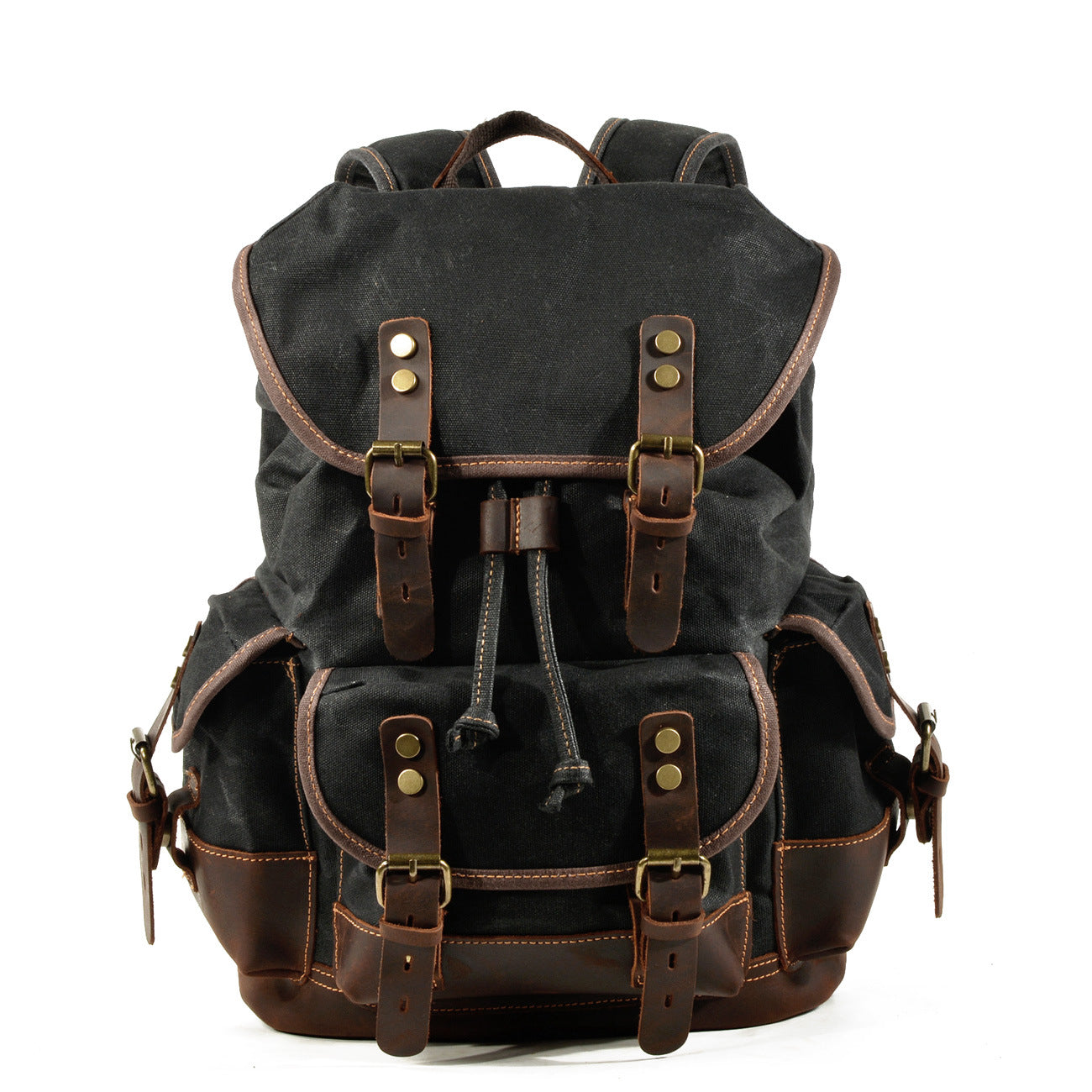 Leisure Vintage Waxed Leather Canvas Backpack for Hiking-Leather Canvas Backpack-Black-Free Shipping Leatheretro