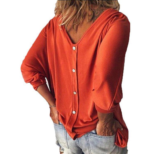 Women V Neck 3/4 Long Sleeves Button T-shirts Blouses-Blouses-Black-S-Free Shipping Leatheretro
