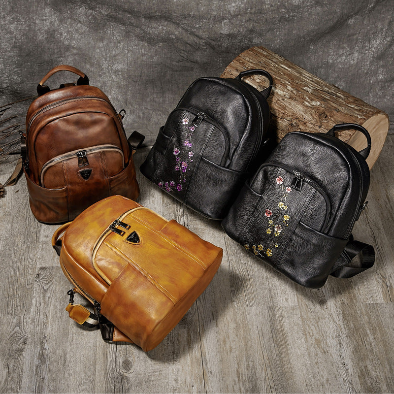 Hand Rubbing Vege Tanned Leather Backpacks for Women C302-Leather Backpacks for Women-Yellow-Free Shipping Leatheretro