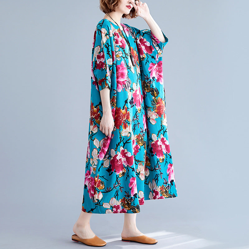 Ethnic Floral Print Plus Sizes Linen Dresses-Dresses-The same as picture-One Size 45-75kg-Free Shipping Leatheretro