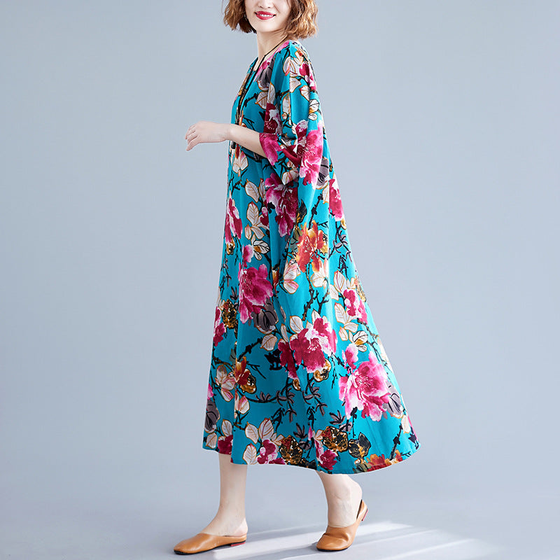 Ethnic Floral Print Plus Sizes Linen Dresses-Dresses-The same as picture-One Size 45-75kg-Free Shipping Leatheretro