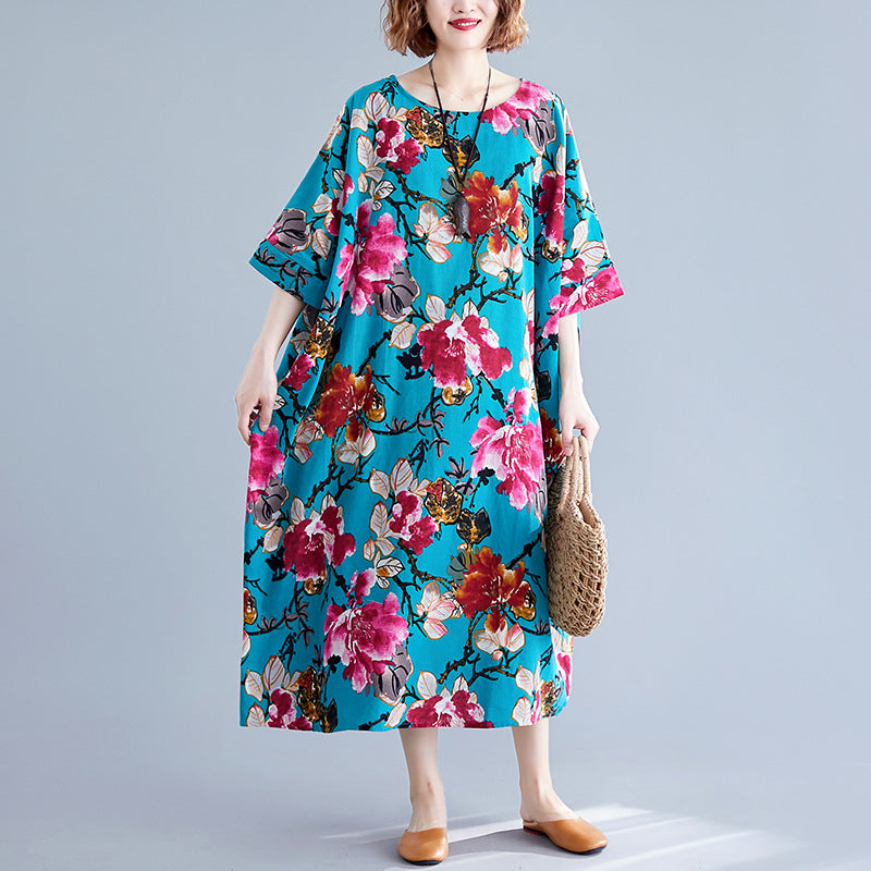 Ethnic Floral Print Plus Sizes Linen Dresses-Dresses-The same as picture-One Size 45-75kg-Free Shipping Leatheretro