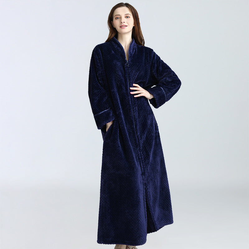 Cozy Fleece Women Sleepwear Gowns-Nightgowns-Navy Blue-M-Free Shipping Leatheretro