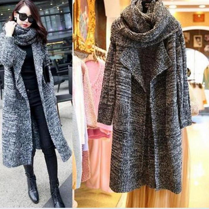 Women Thick Loose Scarf& Long Knitted Cardigans-Sweaters-Dark Gray-One Size-Free Shipping Leatheretro