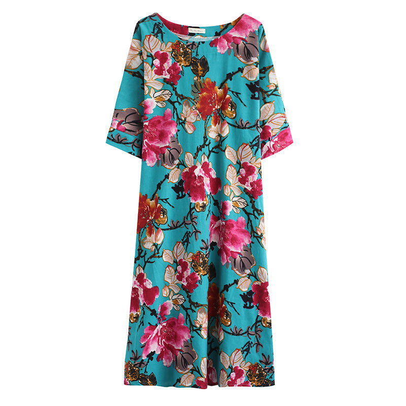 Ethnic Floral Print Plus Sizes Linen Dresses-Dresses-The same as picture-One Size 45-75kg-Free Shipping Leatheretro