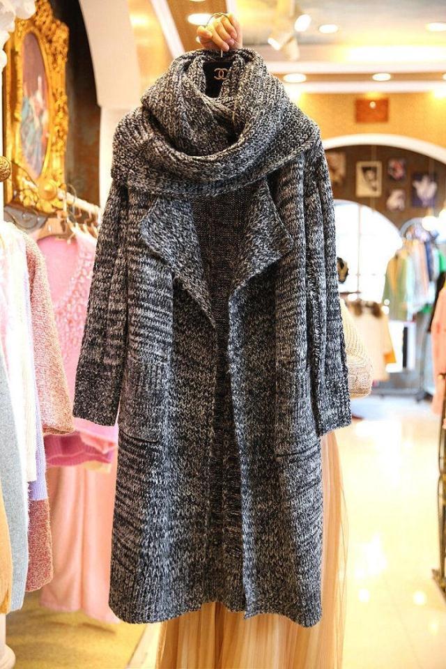 Women Thick Loose Scarf& Long Knitted Cardigans-Sweaters-Dark Gray-One Size-Free Shipping Leatheretro