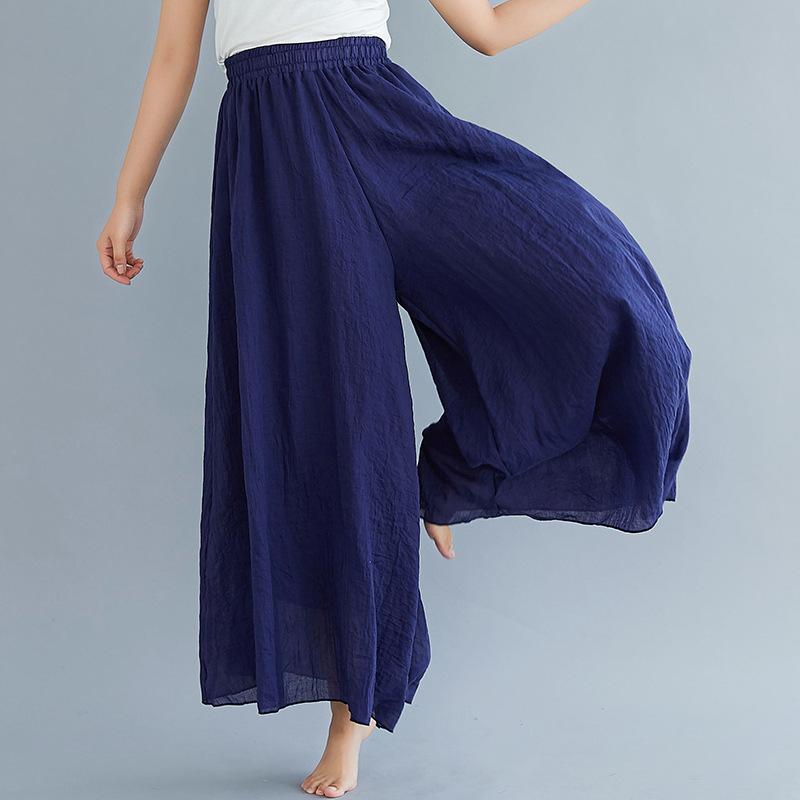 Women Summer Linen Loose Pants-Women Bottoms-Navy Blue-85CM-Free Shipping Leatheretro