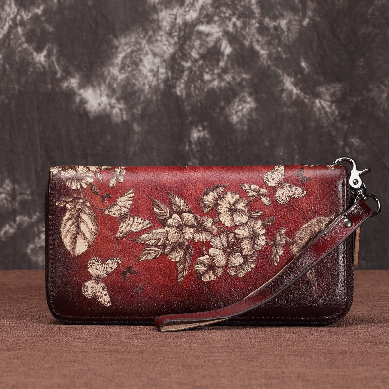 Vintage Handmade Cowhide Leather Zipper Long Wallet for Women 6615-Red-Free Shipping Leatheretro