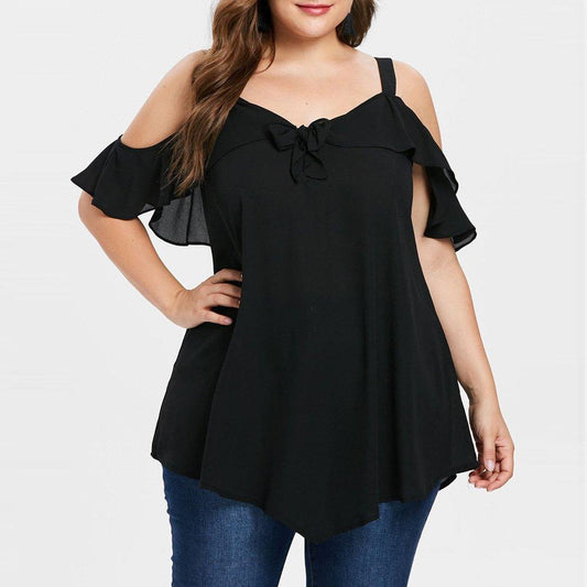 Bowknot Chiffon Plus Sizes Short Sleeves Shirts-Shirts&Blouses-Black-L-Free Shipping Leatheretro