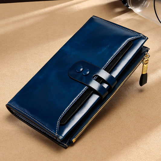 RFID Waxed Multi Cards Leather Wallets For Women W8451-Long Leather Wallet-Dark Blue-Free Shipping Leatheretro