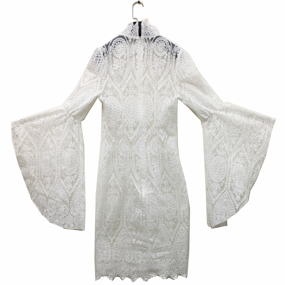 White Lace Trumpet Sleeves Women Party Dresses-Dresses-White-S-Free Shipping Leatheretro