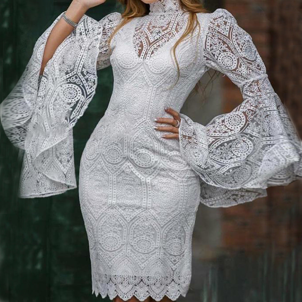 White Lace Trumpet Sleeves Women Party Dresses-Dresses-White-S-Free Shipping Leatheretro