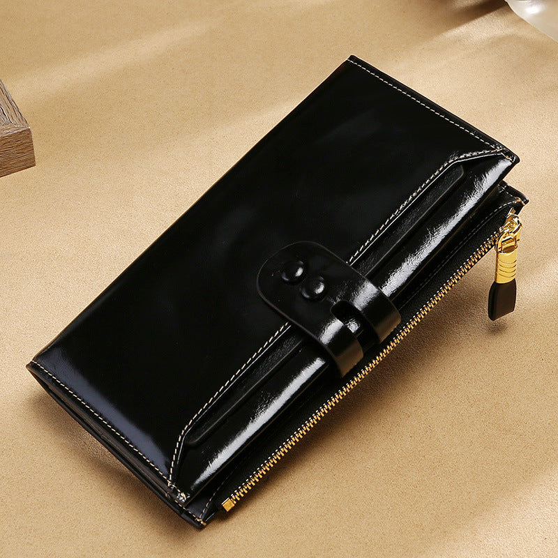 RFID Waxed Multi Cards Leather Wallets For Women W8451-Long Leather Wallet-Black-Free Shipping Leatheretro