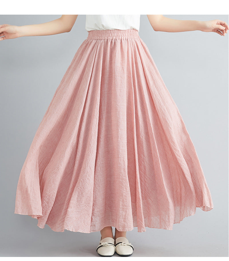 Casual Linen Elastic Waist A Line Skirts for Women-Skirts-Light Pink-M-85CM-Free Shipping Leatheretro