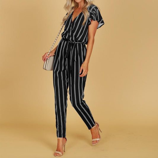 Women Striped Backless Short Sleeves Jumpsuits-One Piece Suits-Black Stripe-S-Free Shipping Leatheretro