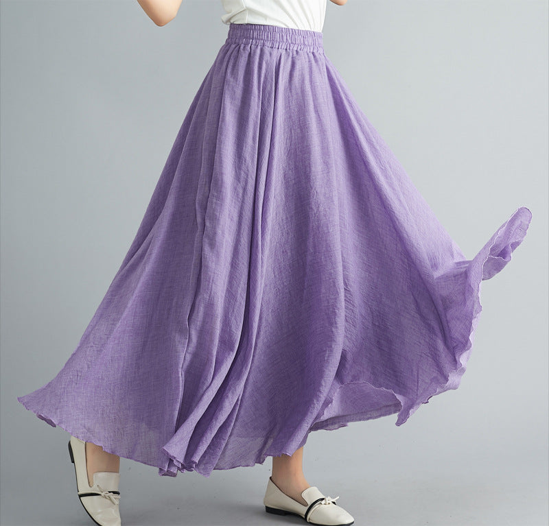 Casual Linen Elastic Waist A Line Skirts for Women-Skirts-Purple-M-85CM-Free Shipping Leatheretro