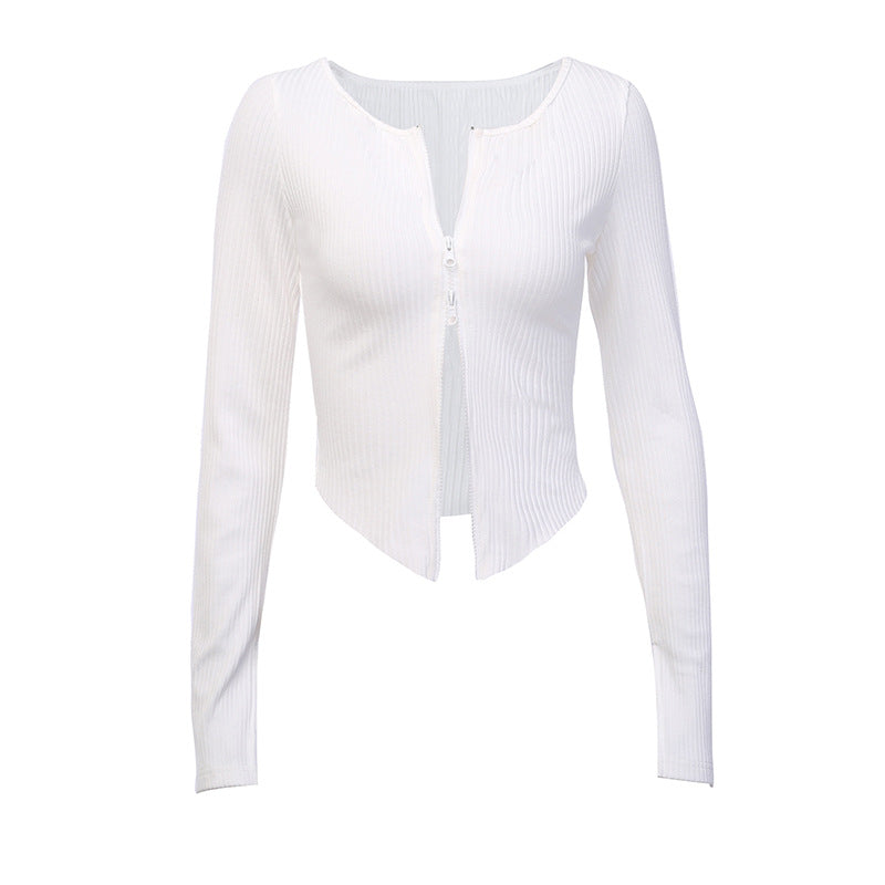 Sexy Knitting Slim Long Sleeves Zipper Tops and Skirts Sets-Suits-White-Top-S-Free Shipping Leatheretro