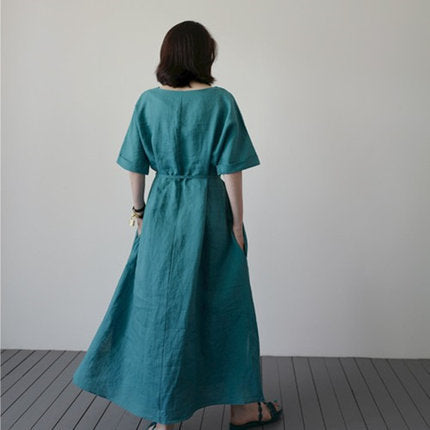 Vintage Linen Women Long Dresses-Dresses-Blue-S-Free Shipping Leatheretro