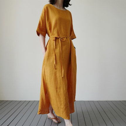 Vintage Linen Women Long Dresses-Dresses-Yellow-S-Free Shipping Leatheretro