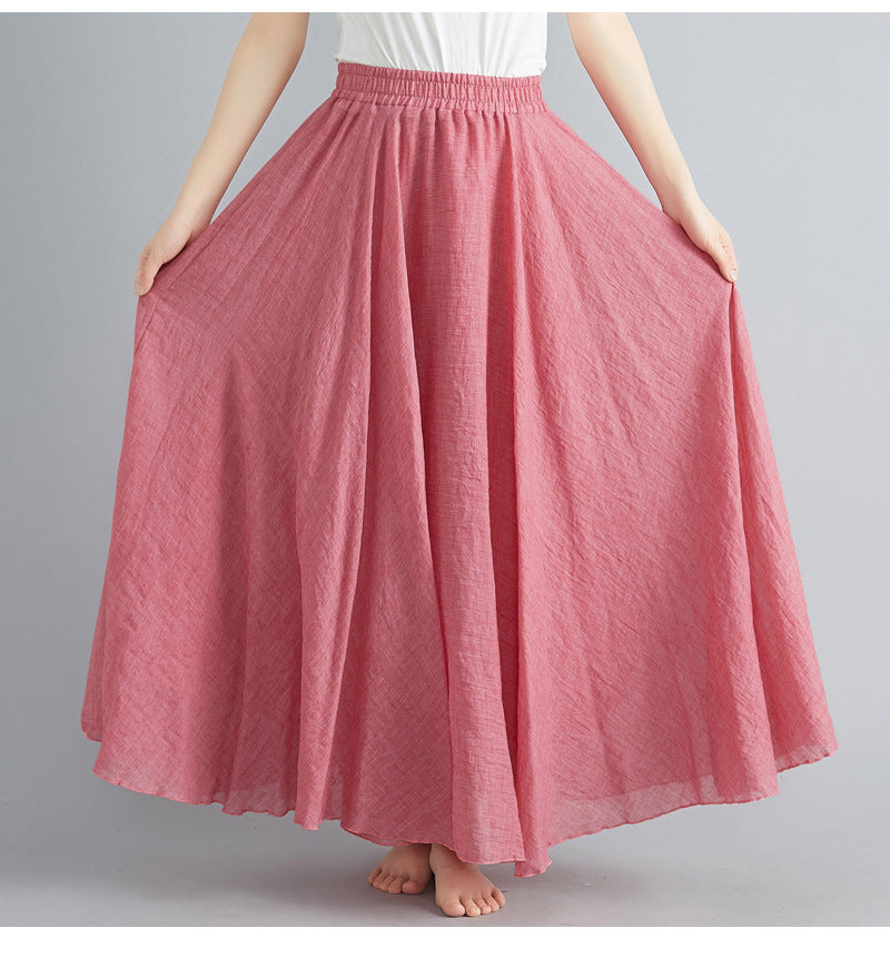Casual Linen Elastic Waist A Line Skirts for Women-Skirts-Light Red-M-85CM-Free Shipping Leatheretro