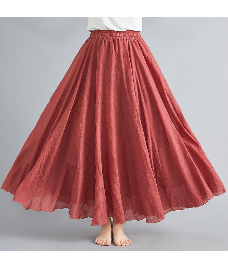 Casual Linen Elastic Waist A Line Skirts for Women-Skirts-Red-M-85CM-Free Shipping Leatheretro