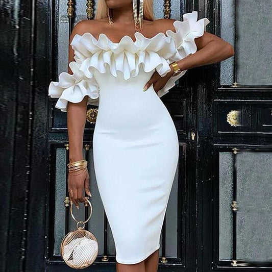 White Sexy Ruffled Bodycon Dresses-Sexy Dresses-White-S-Free Shipping Leatheretro