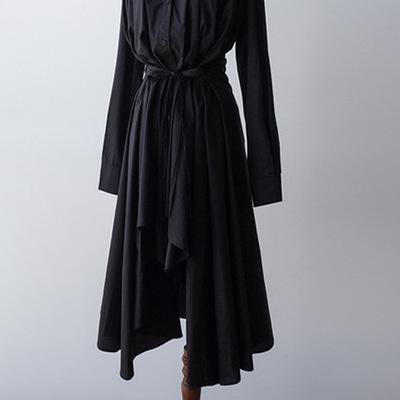 Women Irregular Long Sleeves Shirt Dresses-Cozy Dresses-Black-S-Free Shipping Leatheretro