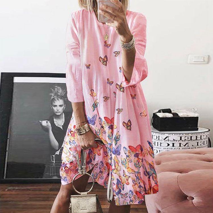Round Neck Butterfly Print Mini Sleeves-Boho Dresses-Pink-S-Free Shipping Leatheretro