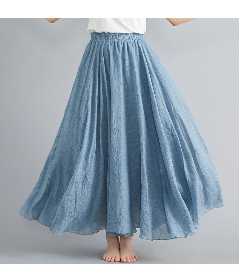 Casual Linen Elastic Waist A Line Skirts for Women-Skirts-Blue-M-85CM-Free Shipping Leatheretro