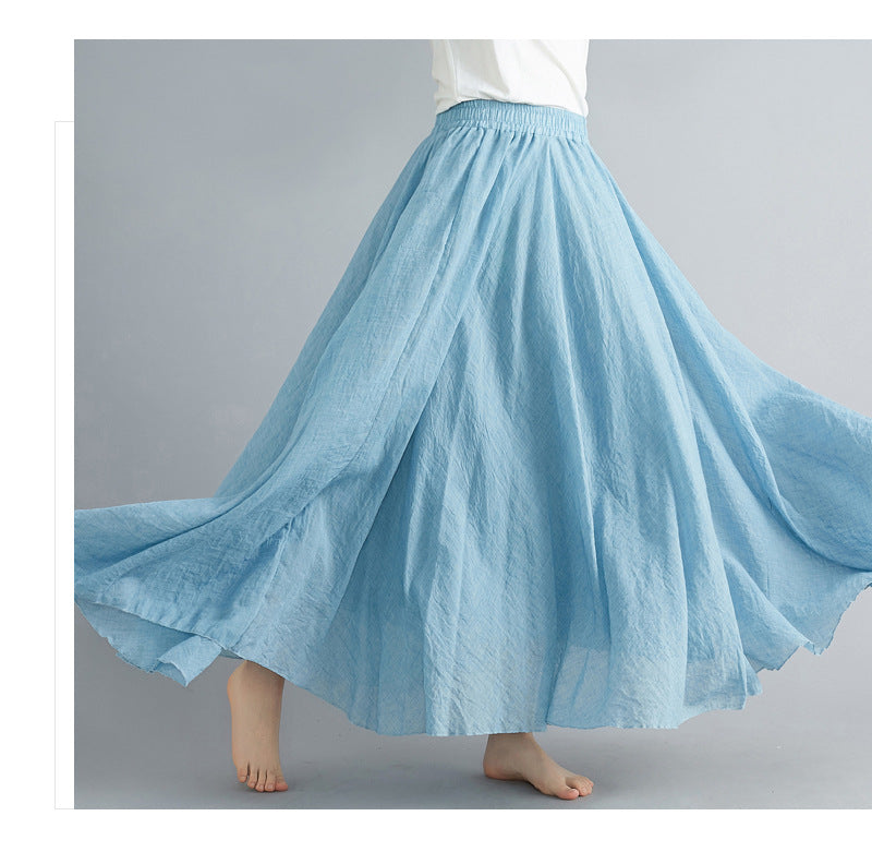 Casual Linen Elastic Waist A Line Skirts for Women-Skirts-Demin Blue-M-85CM-Free Shipping Leatheretro
