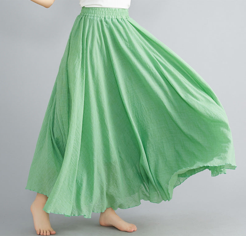 Casual Linen Elastic Waist A Line Skirts for Women-Skirts-Green-M-85CM-Free Shipping Leatheretro