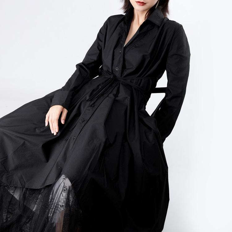 Women Long Sleeves Fall Fairy Shirt Dresses-Long Dresses-Black-S-Free Shipping Leatheretro