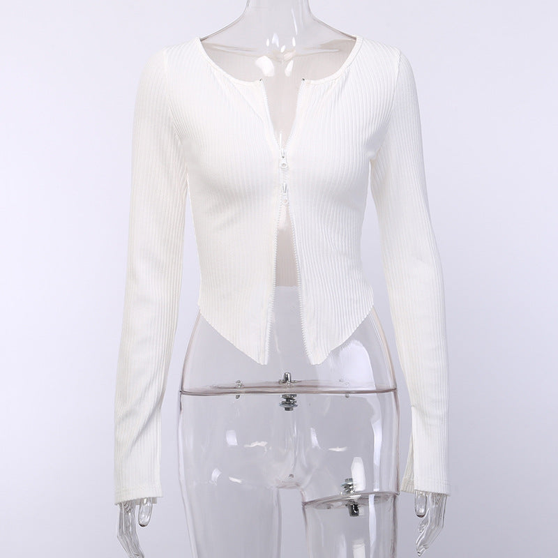 Sexy Knitting Slim Long Sleeves Zipper Tops and Skirts Sets-Suits-White-Top-S-Free Shipping Leatheretro