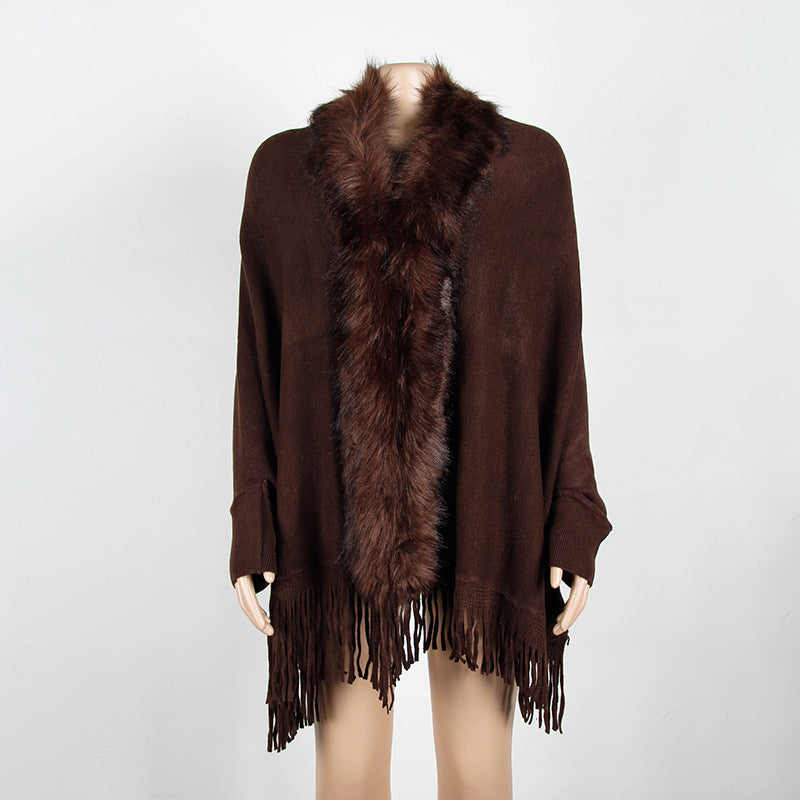 Women Winter Tassels Fur Collar Cardigan Overcoat-Outerwear-Coffee-One Size-Free Shipping Leatheretro