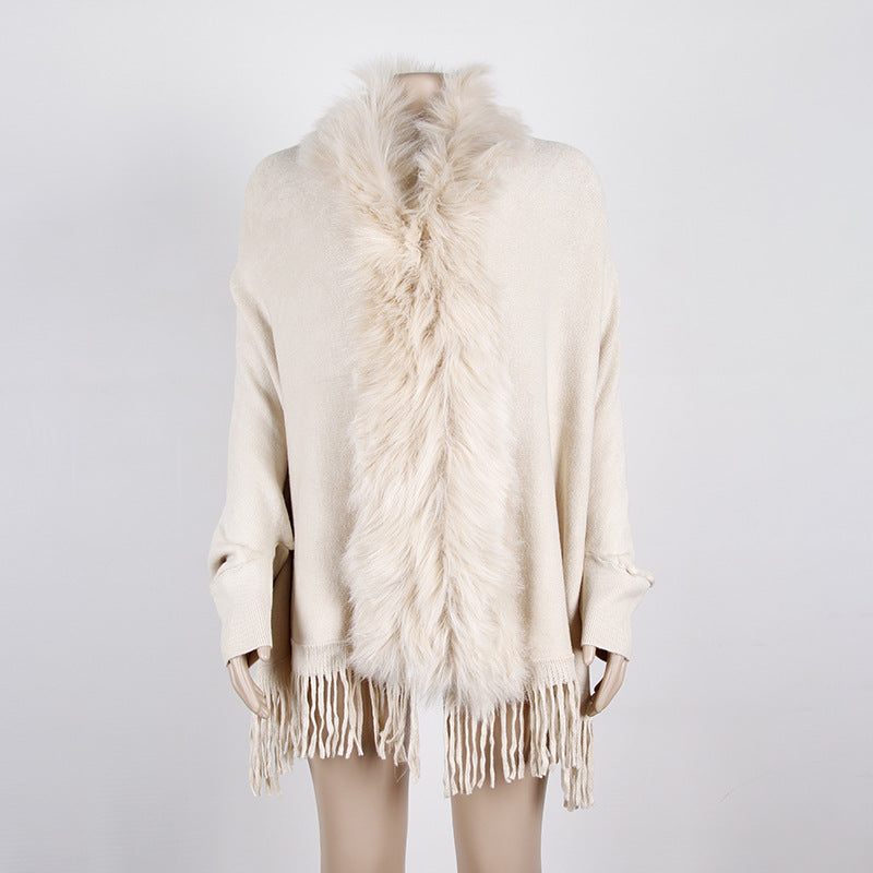 Women Winter Tassels Fur Collar Cardigan Overcoat-Outerwear-Apricot-One Size-Free Shipping Leatheretro