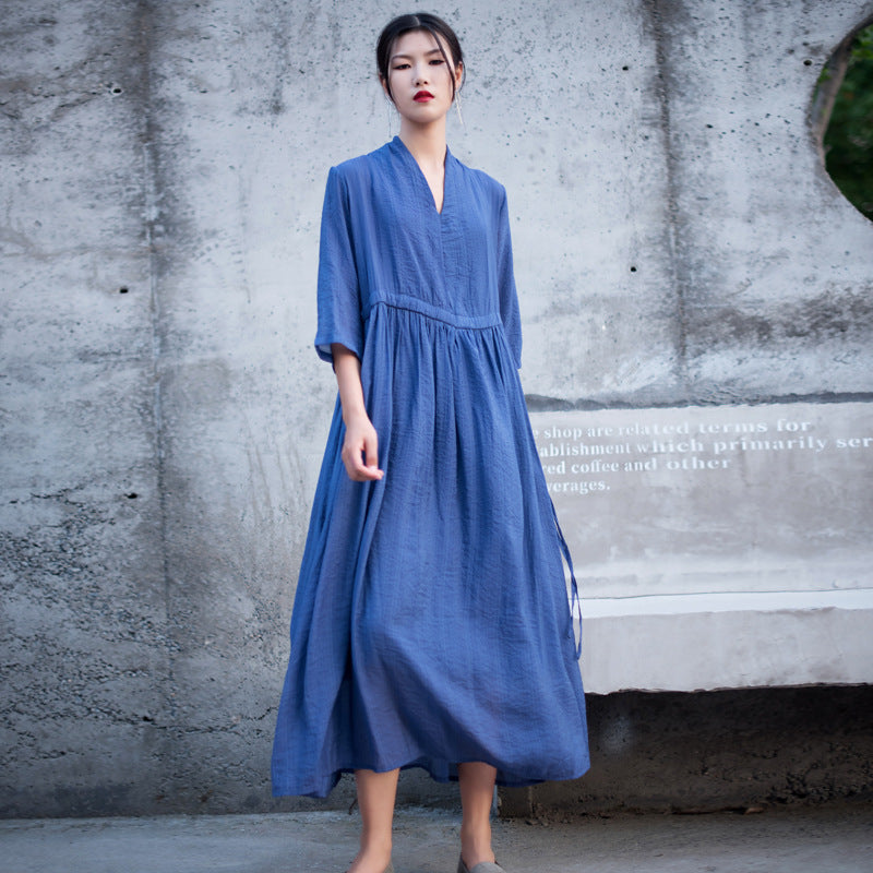 Casual Linen Half Sleeves Drawstring Long Cozy Dresses-Dresses-Blue-One Size-Free Shipping Leatheretro