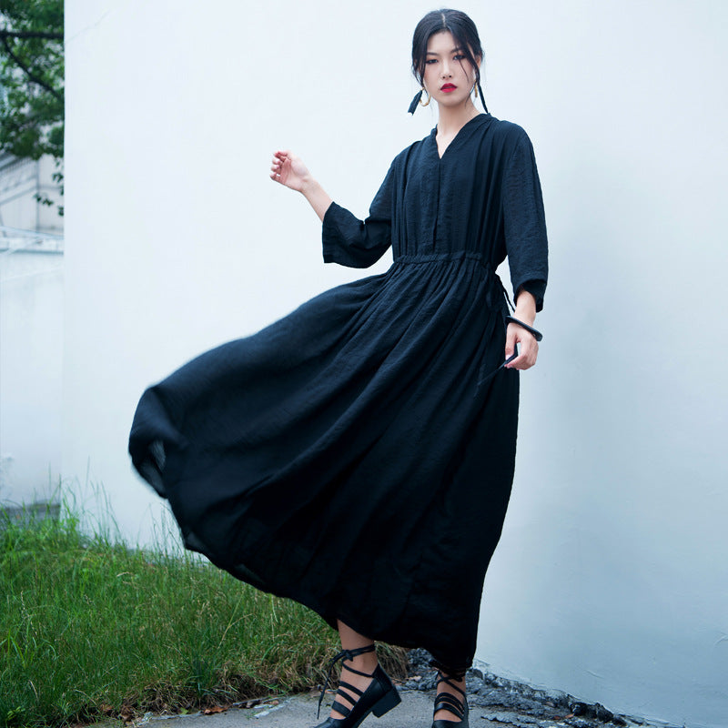 Casual Linen Half Sleeves Drawstring Long Cozy Dresses-Dresses-Black-One Size-Free Shipping Leatheretro