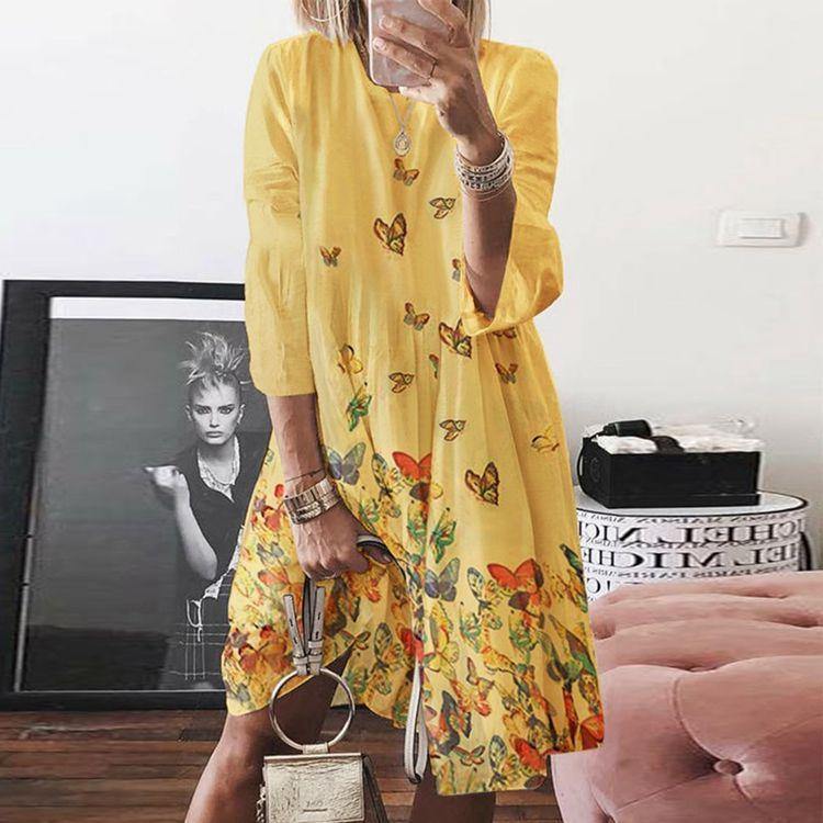 Round Neck Butterfly Print Mini Sleeves-Boho Dresses-Yellow-S-Free Shipping Leatheretro