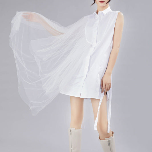 Designed Summer Irregular Tulle Sleeves Shirts Dresses-Dresses-White-S-Free Shipping Leatheretro