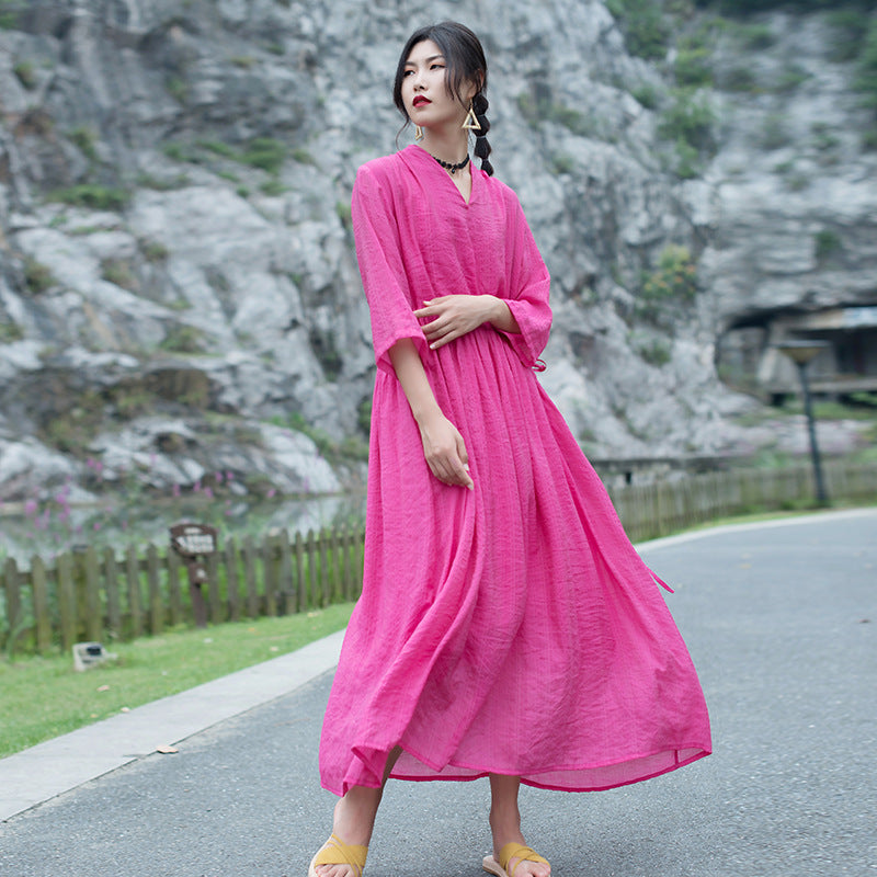 Casual Linen Half Sleeves Drawstring Long Cozy Dresses-Dresses-Rose Red-One Size-Free Shipping Leatheretro