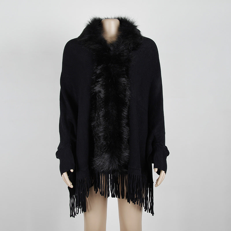 Women Winter Tassels Fur Collar Cardigan Overcoat-Outerwear-Black-One Size-Free Shipping Leatheretro